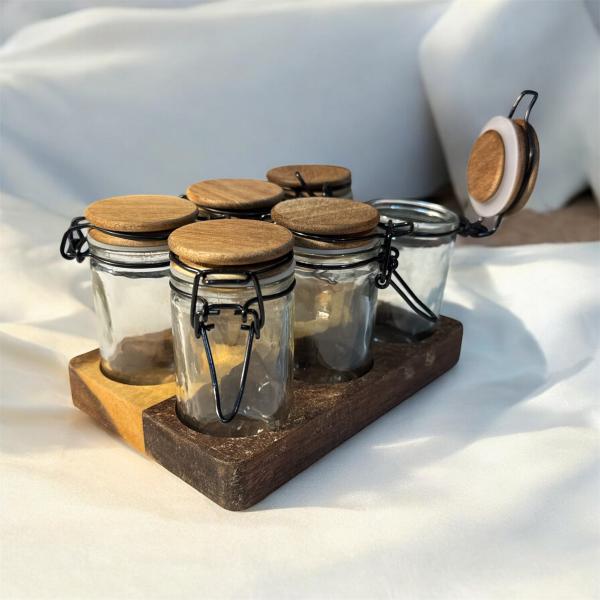 FRASCO X 6 C/TAPA Y BASE MADERA 16*10