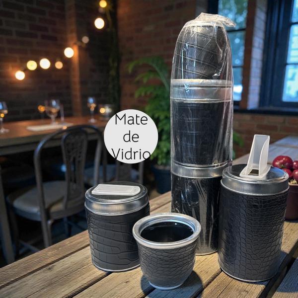 MATE *LATAS FORRADAS CROCO NEGRO X 2 + MATE VIDRIO