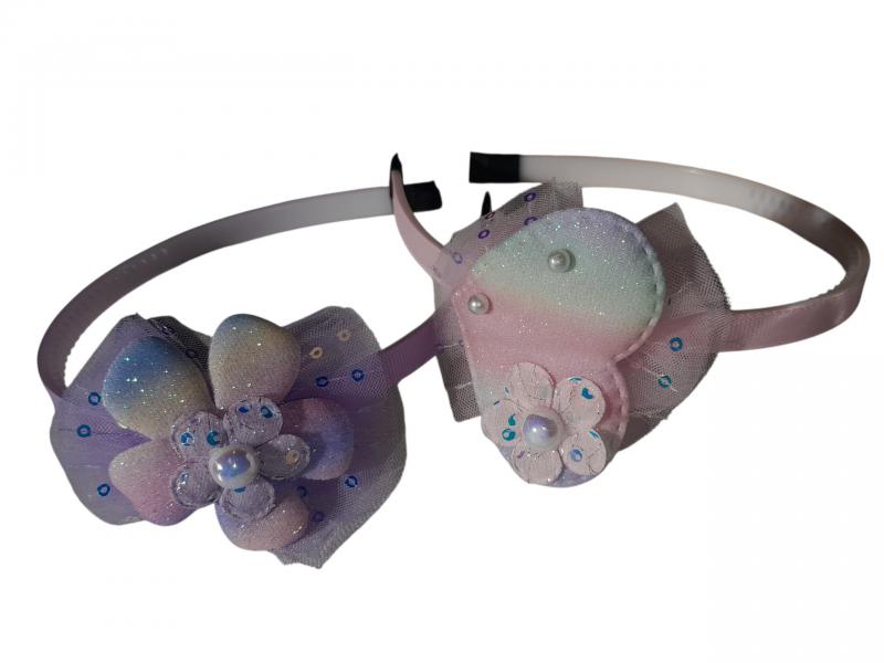 VINCHA RIGIDA FLOR/CORAZON TUL BRILLO X UNID