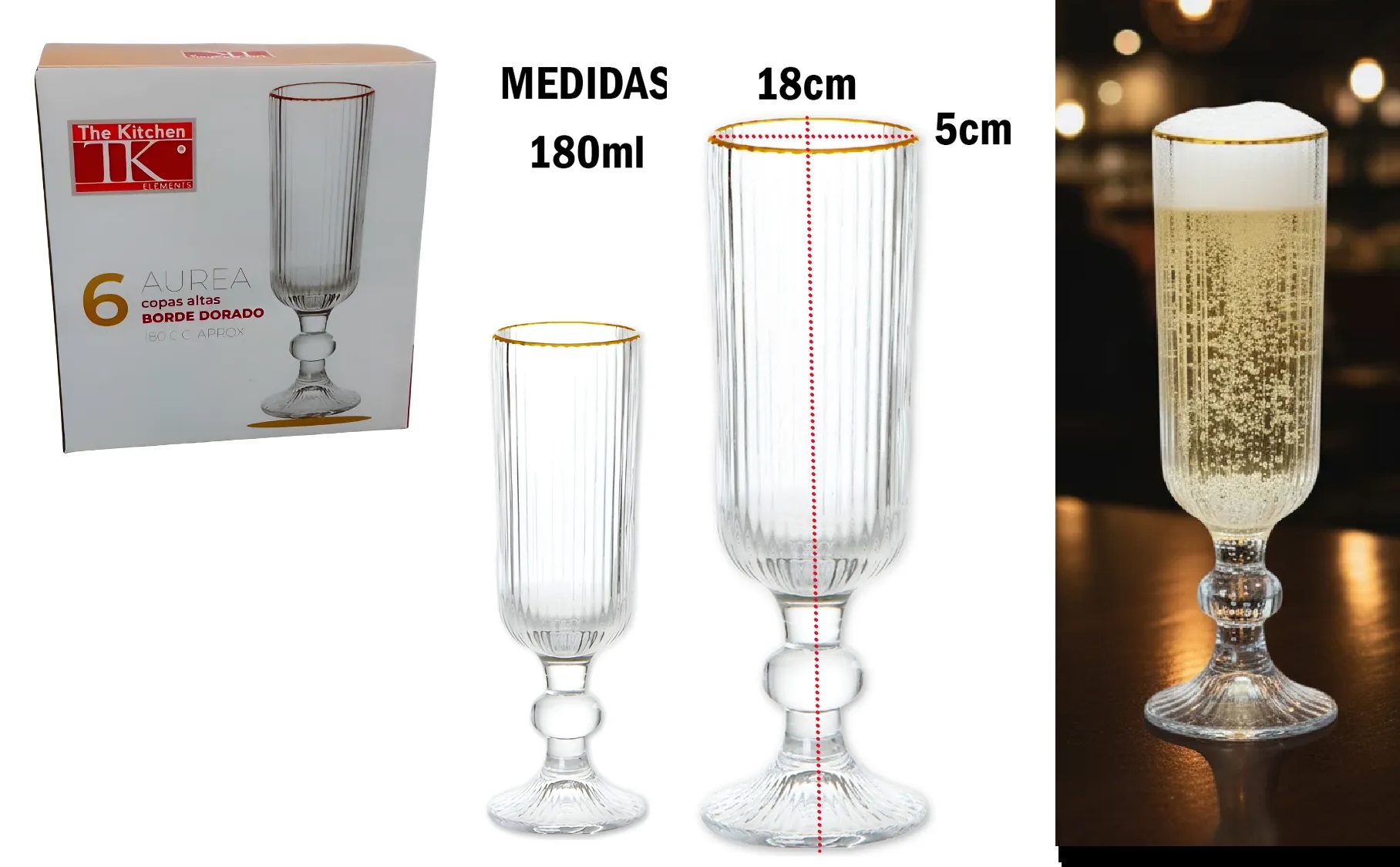 COPA ALTA AUREA BORDE DORADO 180ML X 6 UNID EN CAJA