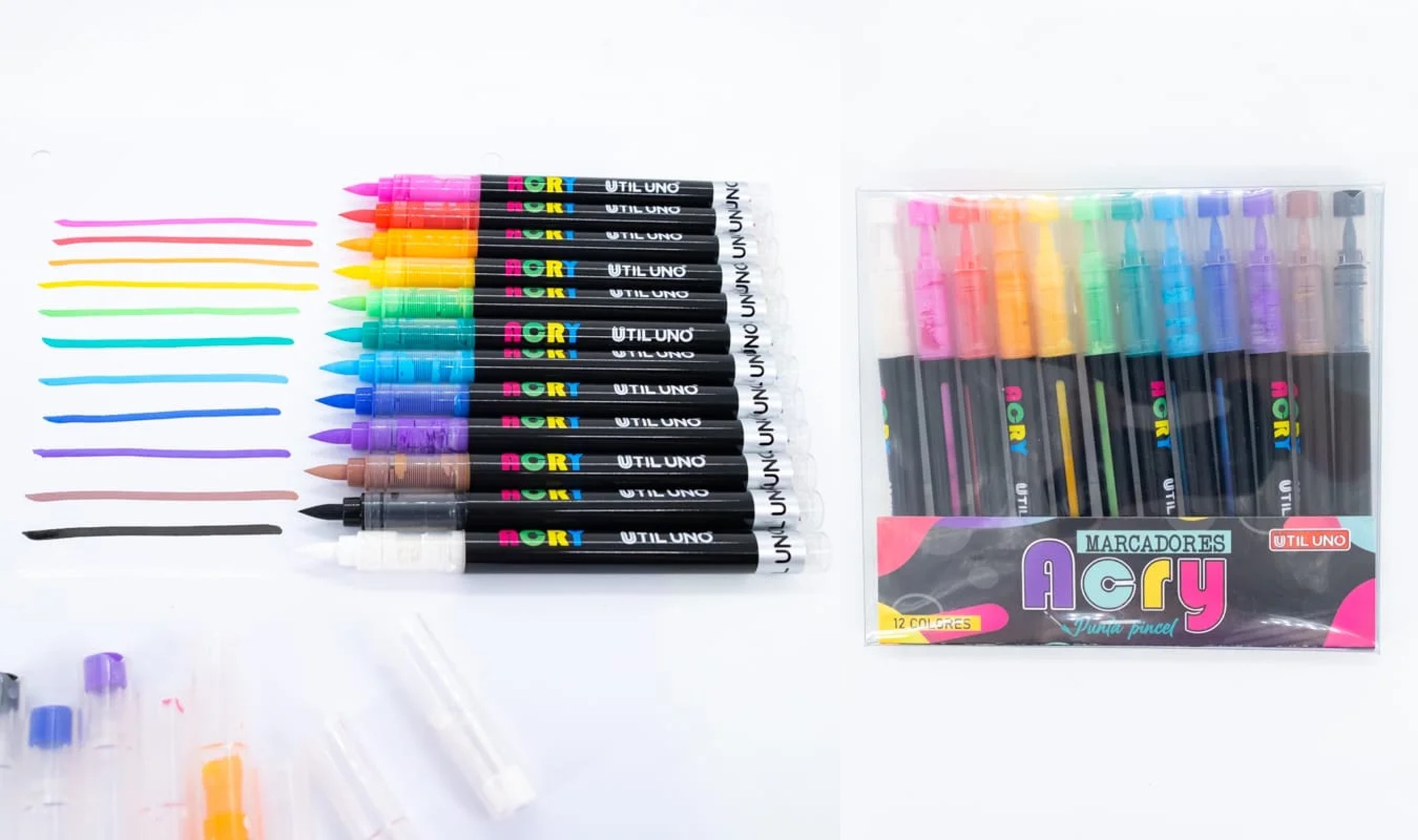 MARCADOR ACRILICO PUNTA PINCEL X 12 COL UTIL UNO