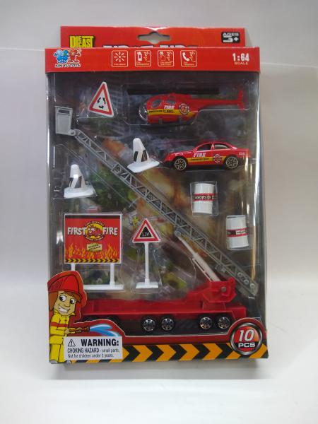 BOMBERO* CAMION ESCALERA+HELICOPTERO+AUTO+ACC 30X17CM