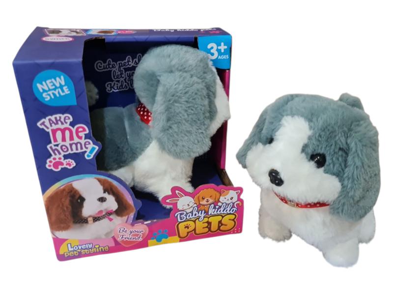 PELUCHE*PERRITO SONIDO+MOV GRIS/BCO A PILAS 17X17CM