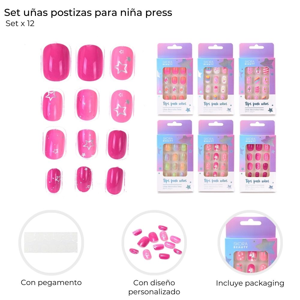 UÑAS POSTIZAS PARA NIÑAS X 12 UNID