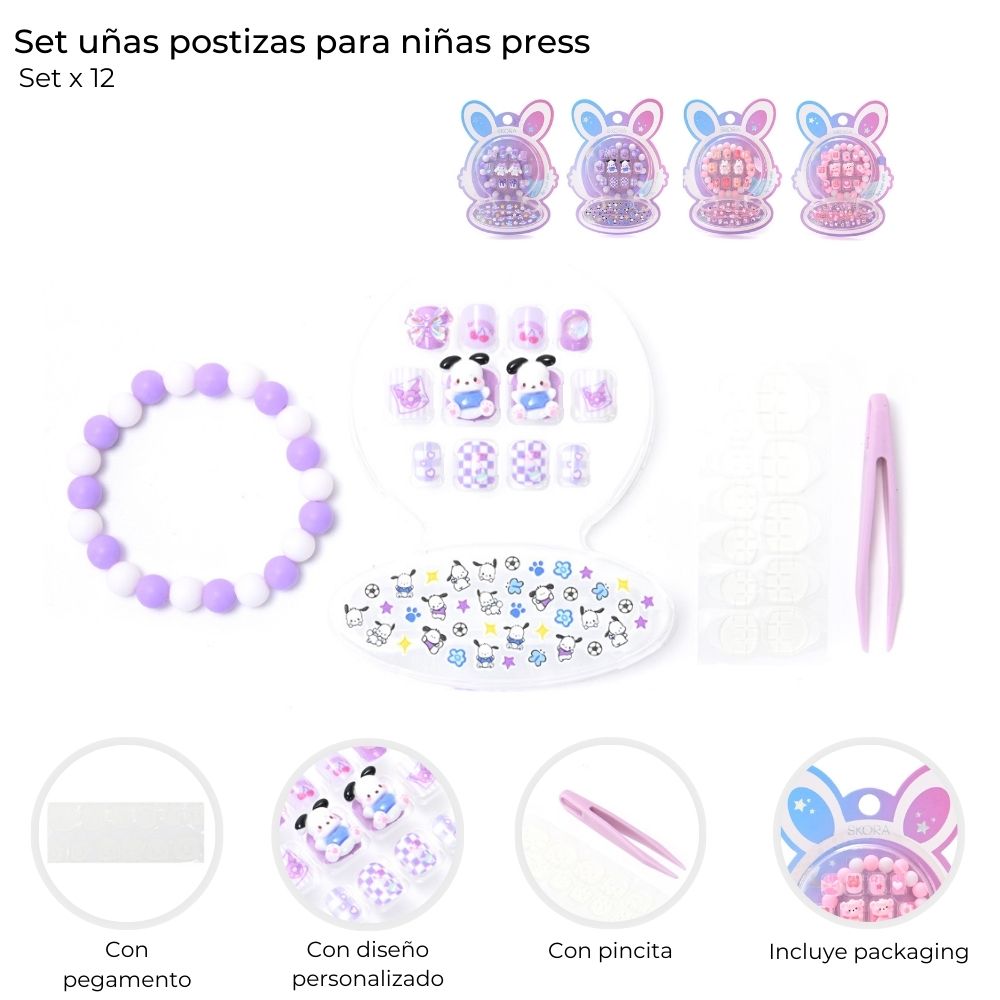 UÑAS POSTIZAS P/NIÑAS C/STICKERS Y PULSERA