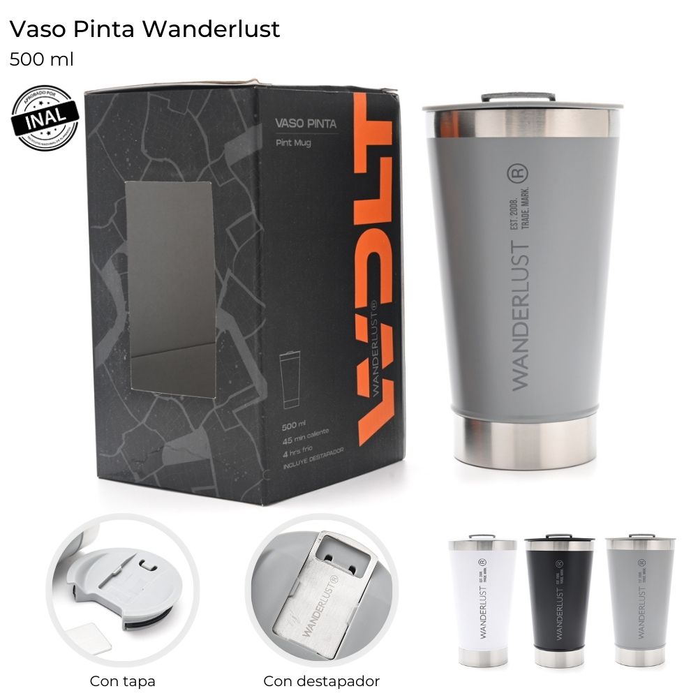 VASO PINTA TERMICO 500 ML WANDERLUST C/TAPA Y DESTAPADOR