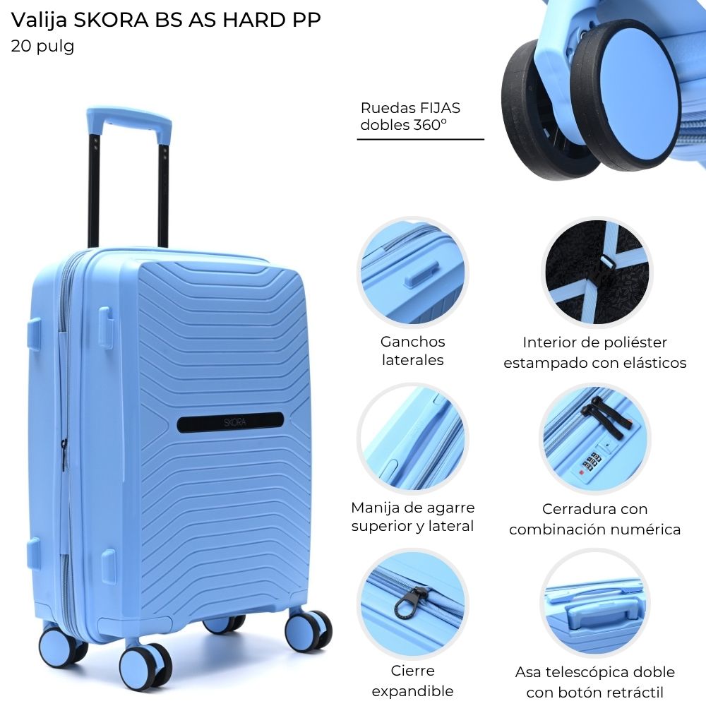 VALIJA HARD SKORA CELESTE EXPANDIBLE 4 RUEDAS 360°