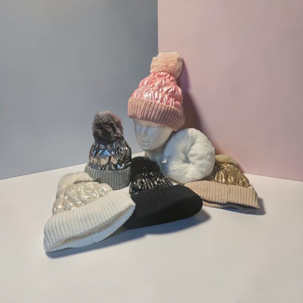 GORRO METALIZADO PUFF C/POMPON INT. PIEL - 5 COLORES