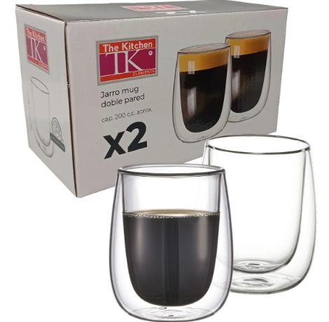 TAZA*JARRO MUG VIDRIO DOBLE PARED 200CC X 2 UNID